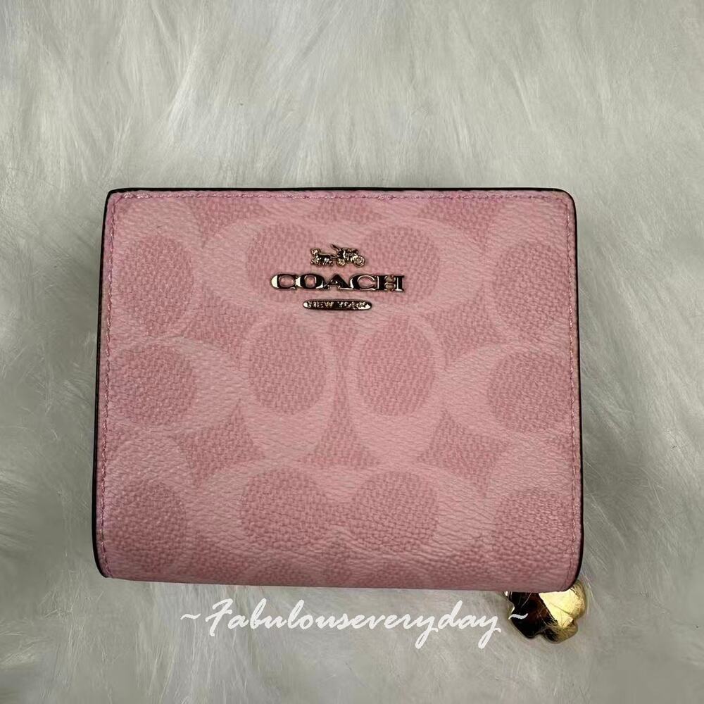 Coach Snap Wallet In Signature Canvas With Charm CEC34 Gold/Powder Pink NWT